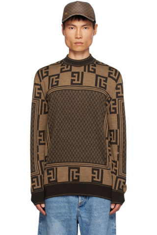 Balmain: Brown Mini Monogram Scarf Sweater | SSENSE