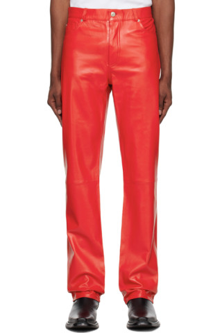 Red Straight Leg Leather Pants by LU'U DAN on Sale