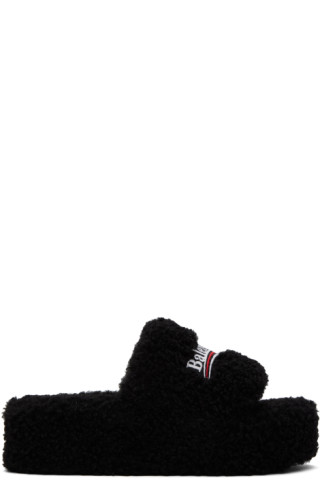 Balenciaga: Black Furry Platform Sandals | SSENSE Balenciaga: Black Furry Platform Sandals | SSENSE