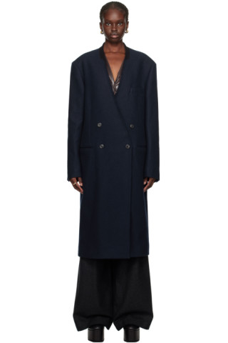 Dries Van Noten: Navy Collarless Coat | SSENSE