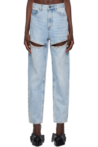 AREA: Blue Crystal Slit Jeans | SSENSE