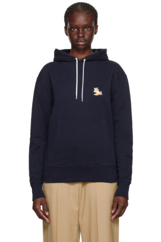 Navy Chillax Fox Patch Hoodie by Maison Kitsuné on Sale