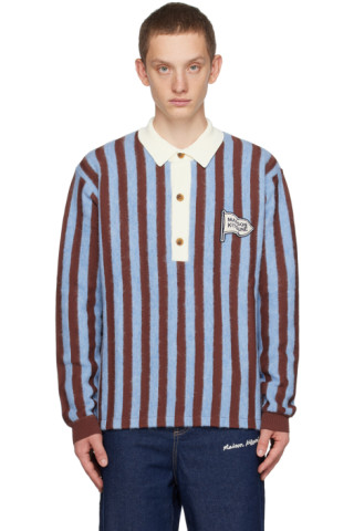 Maison Kitsuné: Blue & Brown Striped Polo | SSENSE