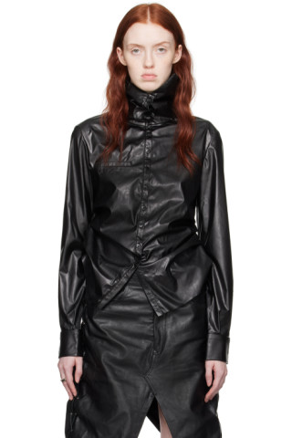 Elena Velez: Black Ruched Faux-Leather Shirt | SSENSE