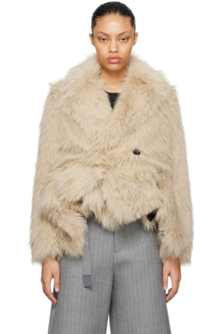 sacai: Beige Layered Faux-Fur Jacket | SSENSE