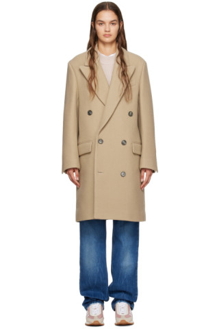 コート AMI PARIS Woman Coat Beige FCO317WV0015 268 Beige Double-Breasted Coat by AMI Paris on Sale