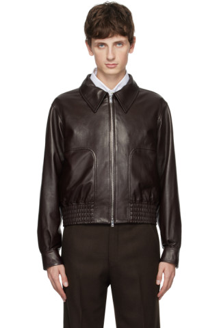 Brown Zip Leather Jacket by Husbands on Sale