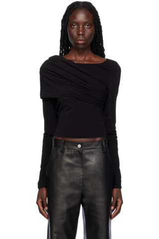 Magda Butrym: Black Asymmetrical Ruched Long Sleeve T-Shirt | SSENSE