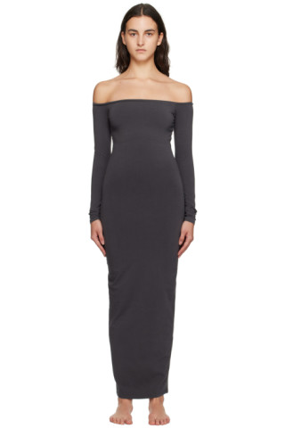 SKIMS: Gray New Vintage Off-The-Shoulder Maxi Dress | SSENSE
