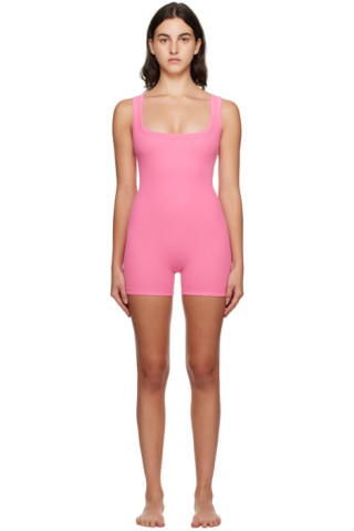 Skims Ribbed Scoop-neck Stretch-cotton Playsuit in Pink