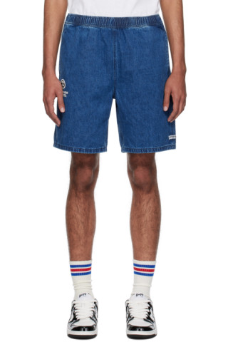 Blue Moonface Embroidered Denim Shorts by AAPE by A Bathing Ape on