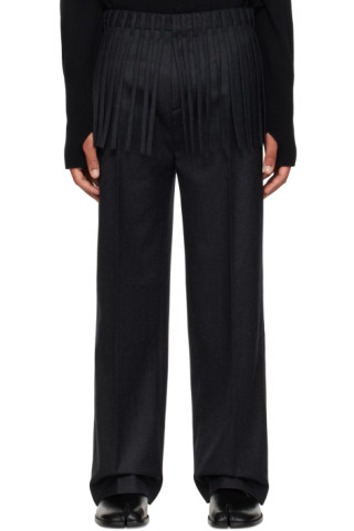 T/SEHNE: Gray Fringed Trousers | SSENSE