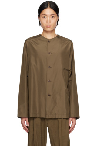 Brown Collarless Relaxed Shirt by LEMAIRE on Sale