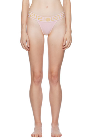 Pink Greca Thong by Versace Underwear on Sale