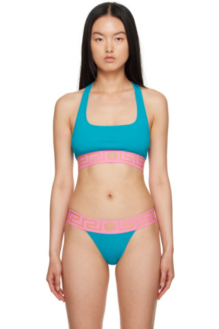 Blue & Pink Greca Thong by Versace Underwear on Sale