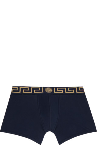 Versace Underwear: Blue Greca Border Long Boxers