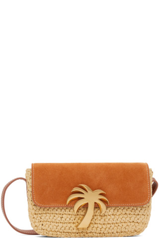 PALM ANGELS Palm Bridge leather-trimmed suede and woven raffia