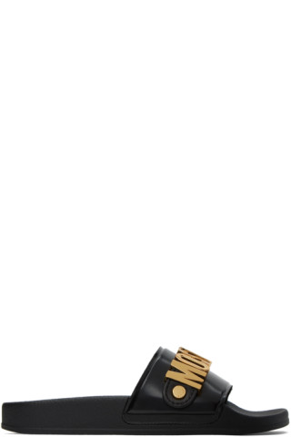 【関税込み】Moschino ブラック レタリングロゴ プールスライド Moschinoのブラック レタリングロゴ プールスライドがセール中