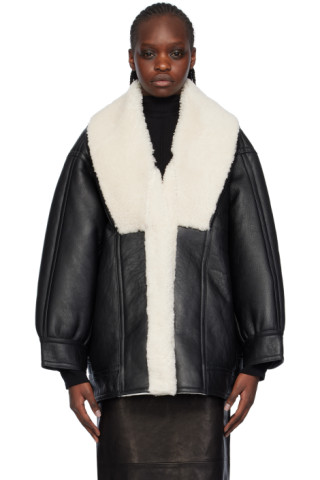 Black Shawl Shearling Coat by Victoria Beckham on Sale