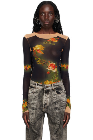 Black Fleurs Petit Grand Long Sleeve T-Shirt by Jean Paul Gaultier on Sale