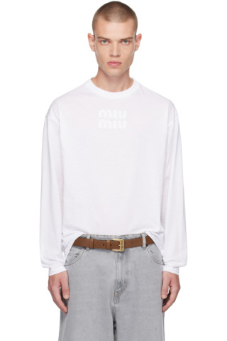Miu Miu: White Embroidered Long Sleeve T-Shirt | SSENSE Canada
