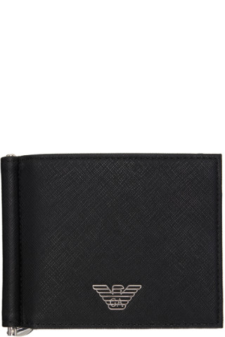 GIORGIO ARMANI Bifold Saffiano Leather Money Clip Wallet - Black