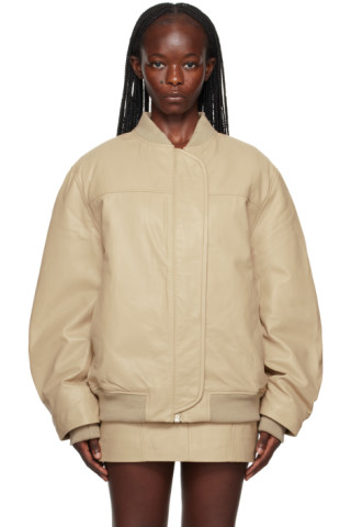 REMAIN Birger Christensen - Beige Zip Leather Bomber Jacket