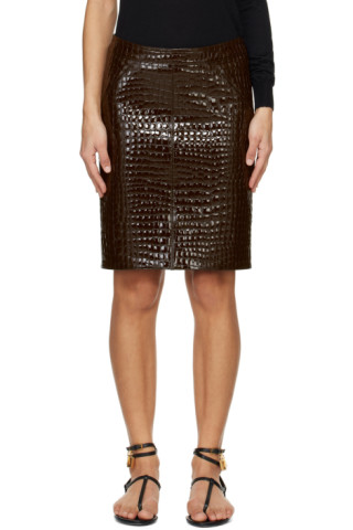 Brown Croc-Embossed Leather Miniskirt by TOM FORD on Sale
