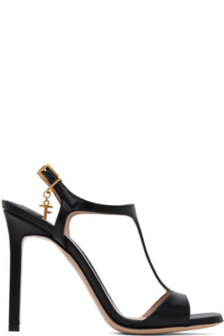 TOM FORD【Tプレートストラップサンダル☆ブラック】関税送料込 TOM FORD: ブラック Tストラップ ヒールサンダル | SSENSE 日本