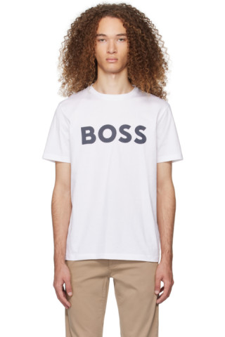 BOSS: ホワイト ロゴプリント Tシャツ | SSENSE 日本