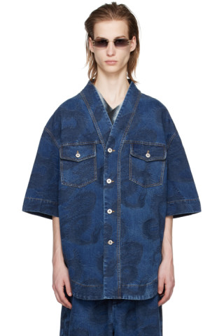 Blue Dragon Denim Shirt by Feng Chen Wang on Sale