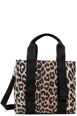 GANNI: Black & Beige Small Leopard Tech Tote | SSENSE