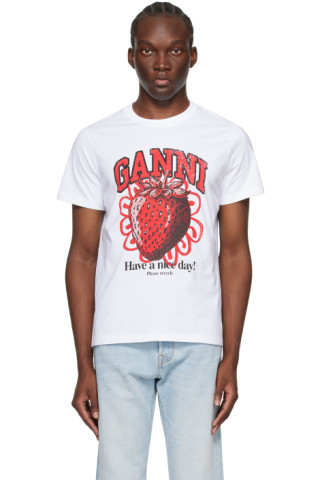 GANNI: White Relaxed Strawberry T-Shirt | SSENSE