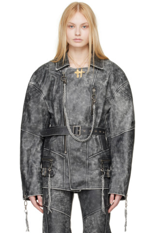 【関税込み】KNWLS SSENSE限定 ブルー Nihil レザージャケット Black Nihil Moto Leather Jacket by KNWLS on Sale