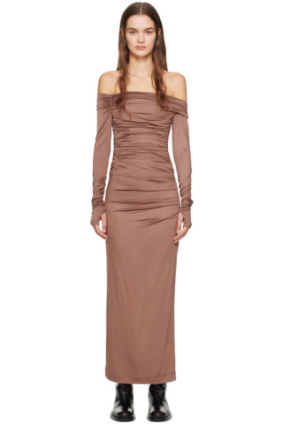 Helmut Lang Brown Off-The-Shoulder Maxi Dress