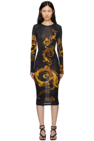 Black Printed Midi Dress by Versace Jeans Couture on Sale