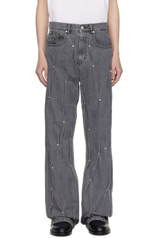 【Kashiko】Washed RIvet Wide Jean Gray Multi Rivet Jeans by KUSIKOHC on Sale