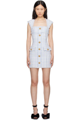 【関税込み】Balmain ブルー&ホワイト ギンガム ミニワンピース 241251F052002_1.jpg