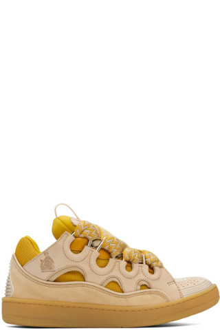 Lanvin: SSENSE Exclusive Beige & Yellow Leather Curb Sneakers | SSENSE