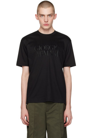 GIORGIOARMANI ロゴ刺繍ジャージーTシャツ ブラック NEW Giorgio Armaniのブラック ロゴ刺繍 Tシャツがセール中