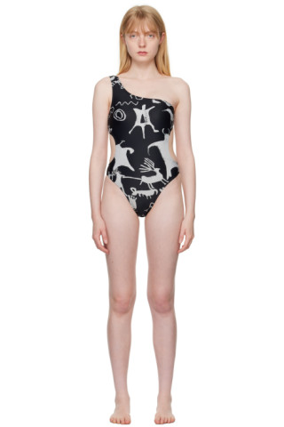 Black Graphic Cave Man One-Piece Swimsuit by Vivienne