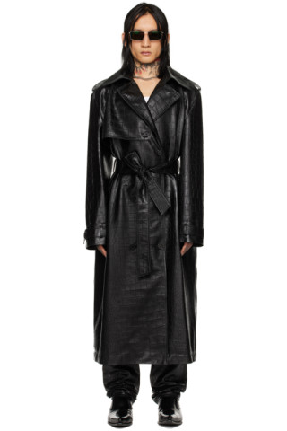 Faux Leather Croc Embossed Belted Trench Coat