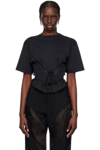 【関税込み】Mugler ブラック レースアップ Tシャツ 241345F110029_1.jpg