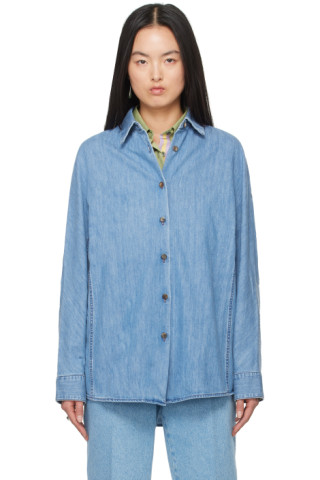 Dries Van Noten: ブルー オーバーサイズ デニムシャツ | SSENSE Dries Van Noten: ブルー オーバーサイズ デニムシャツ | SSENSE