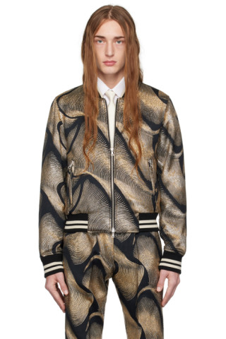 Dries Van Noten: Black & Gold Jacquard Bomber Jacket