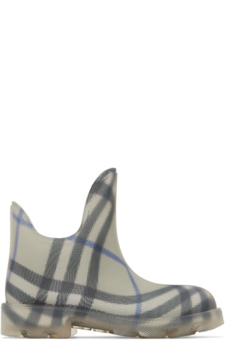 【関税込み】Burberry グレー ラバー Marsh ヒール レインブーツ Burberryのグレー ラバー チェック Marsh ショート レインブーツ