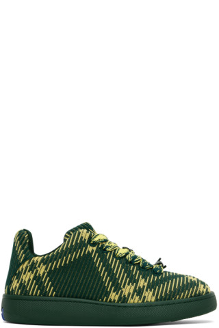 【送料&関税込】Burberry Green Fabric Blend Sneakers Green Check Knit Box Sneakers by Burberry on Sale