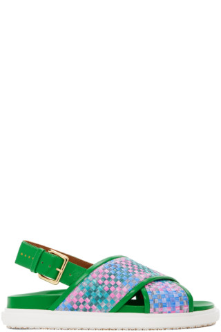 【MARNI】Fussbett ラフィアエフェクト サンダル(グリーン) Marniのグリーン レザー Fussbett ラフィアエフェクト サンダル