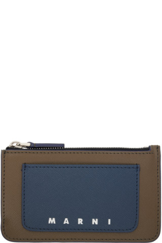 Marni: Navy & Taupe Saffiano Leather Card Holder | SSENSE Canada