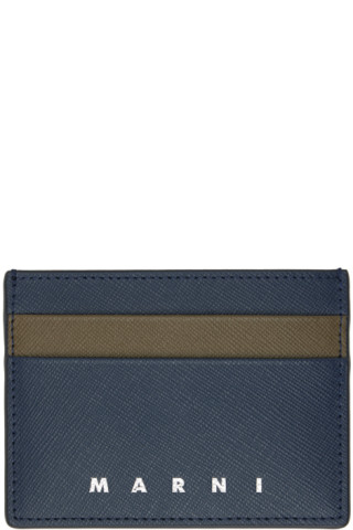 Marni: Navy & Taupe Saffiano Leather Card Holder | SSENSE Canada